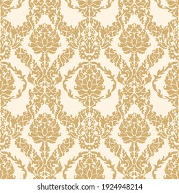 Damask Seamless Vector Pattern. Vintage Damask Gold Ornament, Royal Victorian Geometric Seamless Pattern For Wallpaper, Textile, Packaging. Floral Baroque Pattern 