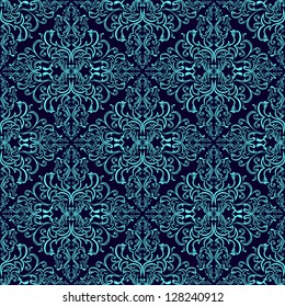 Damask seamless wallpaper: blue on dark blue.