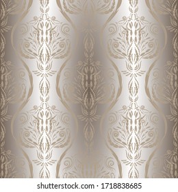 Damask seamless wallpaper in decorative design. Silk shiny fabric, vintage art ornament in vector