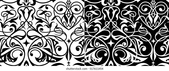 Damask seamless white and black ornament.Traditional vector pattern. Classic oriental background.Design for fabric,wallpaper,background,invitation,wrapping and bookcovers.Vintage floral ornament. 