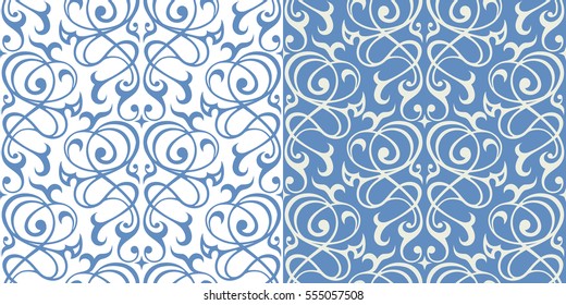 Damask seamless white and blue pattern. Design for fabric,wallpaper,
background,invitation,wrapping and book covers.Vintage floral ornament.Oriental
 style. Hand drown illustration. Vector ornament.