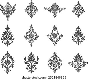 Damask set of Elegant Floral abstract design elements. Black Vector Pattern on a White background