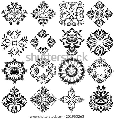 Damask set of Elegant Floral abstract design elements. Black Vector Pattern on a White background.