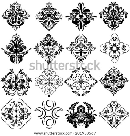 Damask set of Elegant Floral abstract design elements. Black Vector Pattern on a White background.