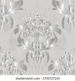 Damask silver floral pattern on a light background, seamless  wallpaper.