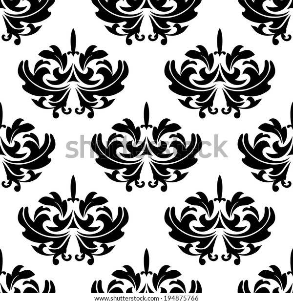 Damask style arabesque pattern with a repeat black\
and white floral motif in a seamless pattern suitable for fabric,\
tiles or wallpaper\
design