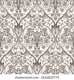 Damask style, colorful swirl pattern, hand drawn, grey, brown, white colors. Seamless floral pattern-710.
