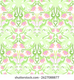 Damask stijl kleurrijke wervelpatroon, bloeiende bloemen, groen, roze, gele kleuren. Naadloze bloemmotief-720.