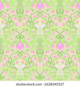 Damask style colorful swirl pattern, blooming flowers, green, pink, beige colors. Seamless floral pattern-723.