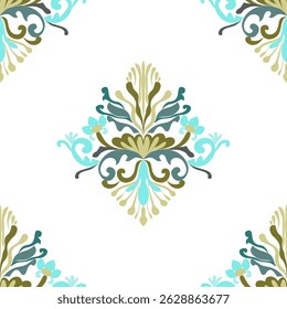 Estilo Damask padrão de redemoinho colorido, azul, marrom, cores brancas. Padrão floral contínuo-726.