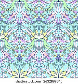 Damask style colorful swirl pattern, pink, yellow, white colors. Seamless floral pattern-729.