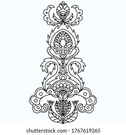 Damask style floral ornament drawn on a white background for coloring, vector