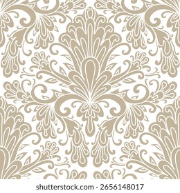 Damask style pattern, abstraction, swirl flowers, white and beige colors. Seamless floral pattern-783.