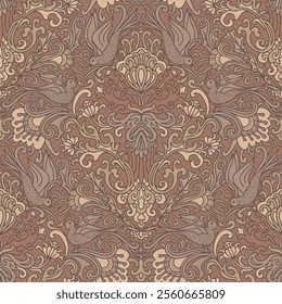 Damask style pattern, birds and flowers, paisley floral pattern, textured background. Seamless floral pattern-533.