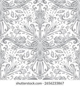 Damask style pattern, boho, abstraction, swirl flowers, grey and white colors. Seamless floral pattern-792.