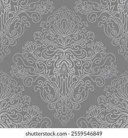 Damask style pattern, grey ornament on grey background. Seamless floral pattern-520.
