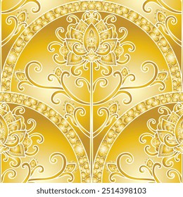 Damask style pattern, hand drawn, gold colored flowers. Seamless floral pattern-388.