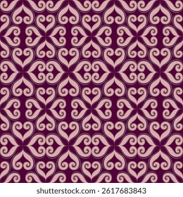 Damask style pattern. Seamless vintage geometric pattern. Hand drawn. Abstract pink floral heart vector texture isolated on purple background.
