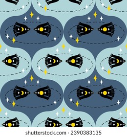 Damask style seamless pattern with flying moon birds in the space. Magic print for tee, paper, textile and fabric. Doodle vector illustration.



