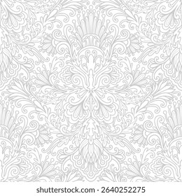 Damask style, white and grey colors, line art. Seamless floral pattern-746.