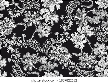 Damask tapestry in elegant pattern with flowers and vintage motifs for decoration paper and men's clothing