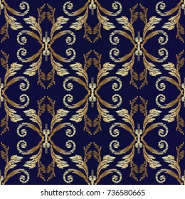 Damask tapestry vector seamless pattern. Floral background. Gold baroque wallpaper. Grunge embroidery flowers, scroll branches, leaves, antique embroidered baroque ornaments. Gobelin tapestry texture