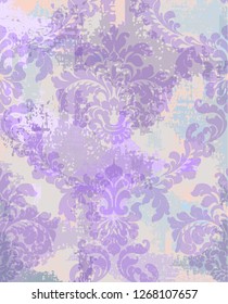 Damask texture background Vector. Floral ornament pattern decoration with old stains effect. Victorian engraved retro design. Watercolor stains. Purple colors