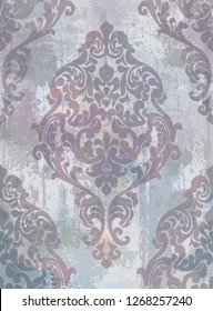 Damask texture grunge background Vector. Floral ornament pattern decoration with old stains effect. Victorian engraved retro design. Purple colors