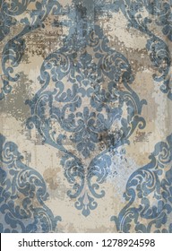 Damask texture grunge background Vector. Floral ornament pattern decoration with old stains effect. Victorian engraved retro design. Blue colors