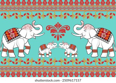 Damask Thai Elephant Vetor Ilustração com padrão e floral para impressão de têxteis, tecidos e textura