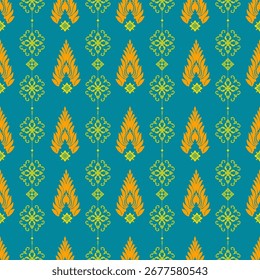 Damast und thailändisch inspirierte Ziermuster in Orange und Gold auf teal-grünem Hintergrund. Luxuriöses und modernes Design für Dekoration, Verpackung und Textilien.