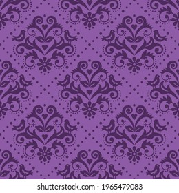 Damask tiled pruple textile or fabric print vector pattern with flowers and birds in frame, classic repetitive design. Victorian decorative ornament with animal and floral motif, detailed wallpaper 

