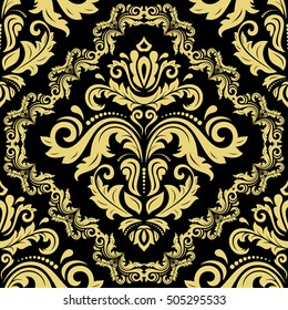 Damask vector classic black and golden pattern. Seamless abstract background with repeating elements