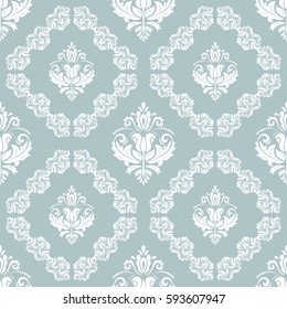 Damask vector classic blue and white pattern. Seamless abstract background with repeating elements. Orient background