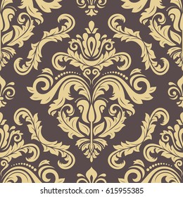 Damask vector classic brown and golden pattern. Seamless abstract background with repeating elements. Orient background