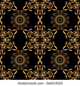 Damask vector classic golden pattern. Seamless abstract elements in golden colors on black background. Orient background with golden repeating elements.