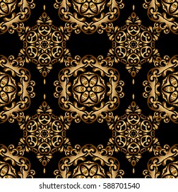 Damask vector classic golden pattern. Seamless abstract elements in golden colors on black background. Orient background with golden repeating elements.
