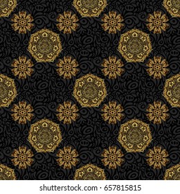 Damask vector classic golden pattern. Seamless abstract elements in golden colors on black background. Orient background with golden repeating elements.
