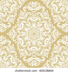 Damask vector classic golden and white pattern. Seamless abstract background with repeating elements. Orient background