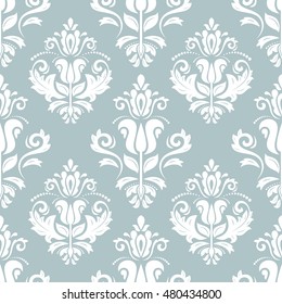 Damask vector classic light blue and white pattern. Seamless abstract background with repeating elements