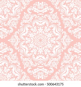 Damask vector classic pink and white pattern. Seamless abstract background with repeating elements