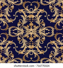 Damask vector embroidery seamless pattern. Dark blue ornate grunge background with gold 3d flowers, scroll leaves and floral antique tapestry Baroque ornaments. Luxury grunge vintage surface texture