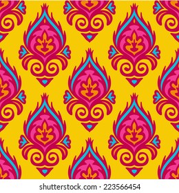 Damask vector festive yellow abstract seamless pattern