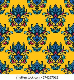 Damask vector festive yellow abstract seamless pattern