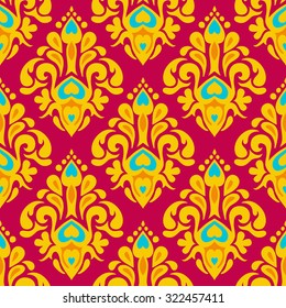 Damask vector festive yellow and pink abstract seamless pattern