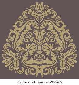 Damask vector floral pattern with arabesque and oriental elements. Abstract traditional triangular ornament. Brown and golden pattern