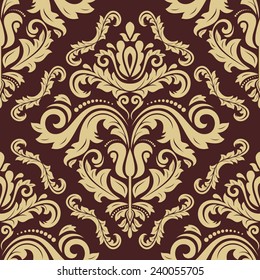 Damask vector floral pattern with golden oriental elements. Seamless abstract traditional ornament for wallpapers and backgrounds