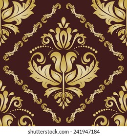 Damask vector floral pattern with golden arabesque and oriental elements. Seamless abstract traditional ornament for wallpapers and backgrounds