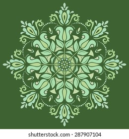 Damask vector floral pattern with green arabesques and oriental elements. Abstract traditional ornament