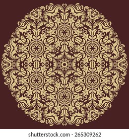 Damask vector floral round pattern with arabesque and oriental elements. Abstract traditional golden ornament for backgrounds